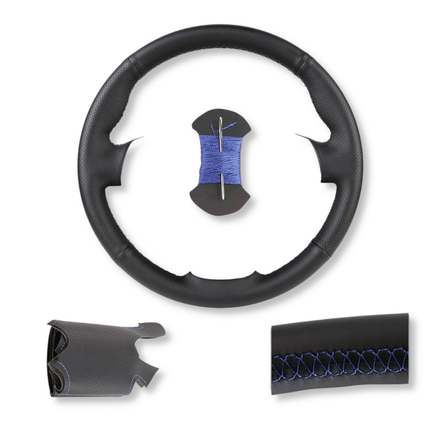 Couvre volant surpiqûre bleu cuir ou alcantara pour Peugeot 206