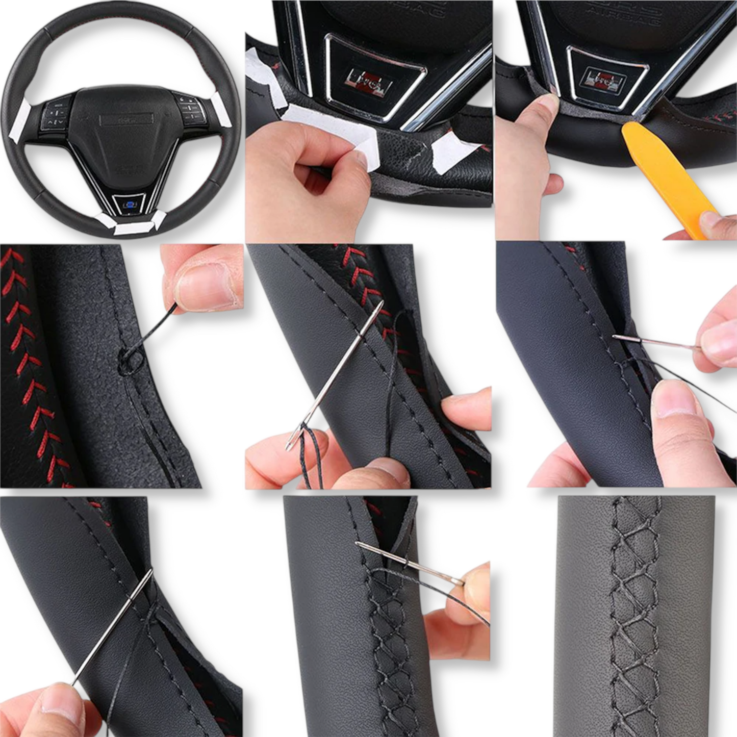 Couvre volant surpiqûre rouge cuir ou alcantara pour Peugeot 206