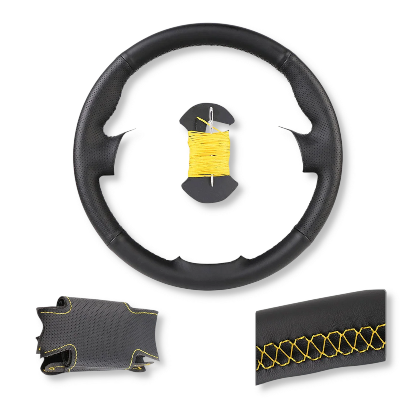 Couvre volant surpiqûre jaune cuir ou alcantara pour Peugeot 206