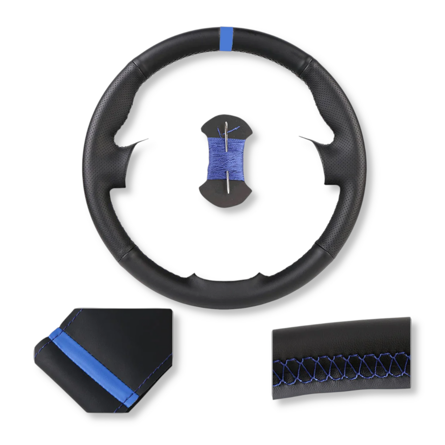 Couvre volant surpiqûre bleu cuir ou alcantara pour Peugeot 206