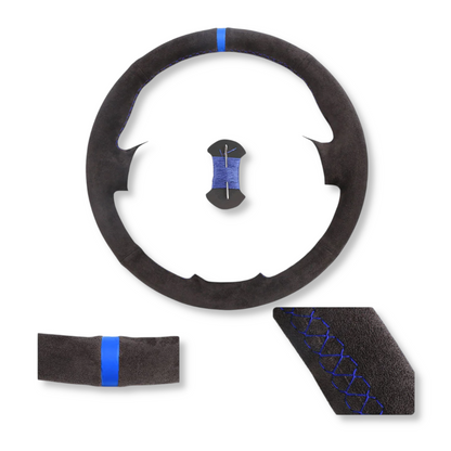 Couvre volant surpiqûre bleu cuir ou alcantara pour Peugeot 206