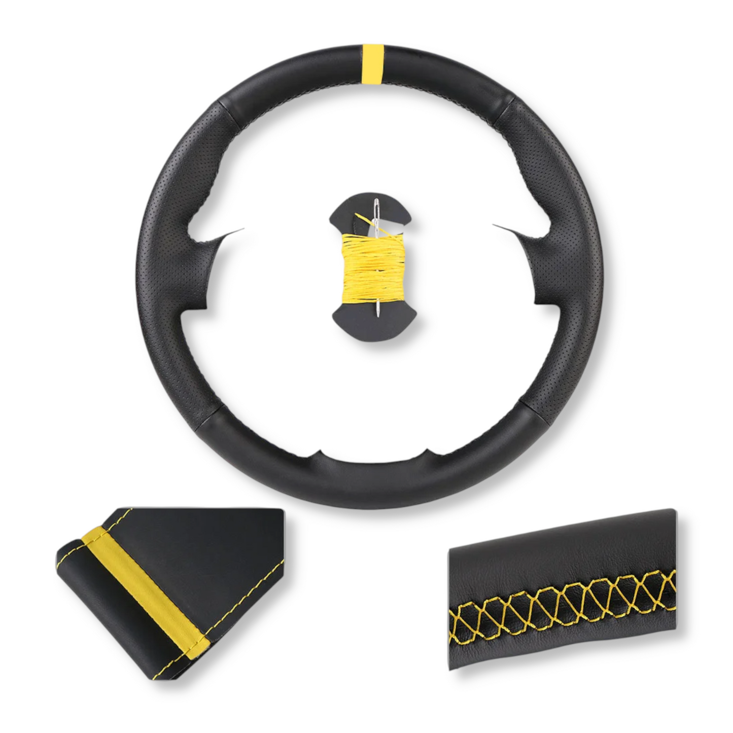 Couvre volant surpiqûre jaune cuir ou alcantara pour Peugeot 206